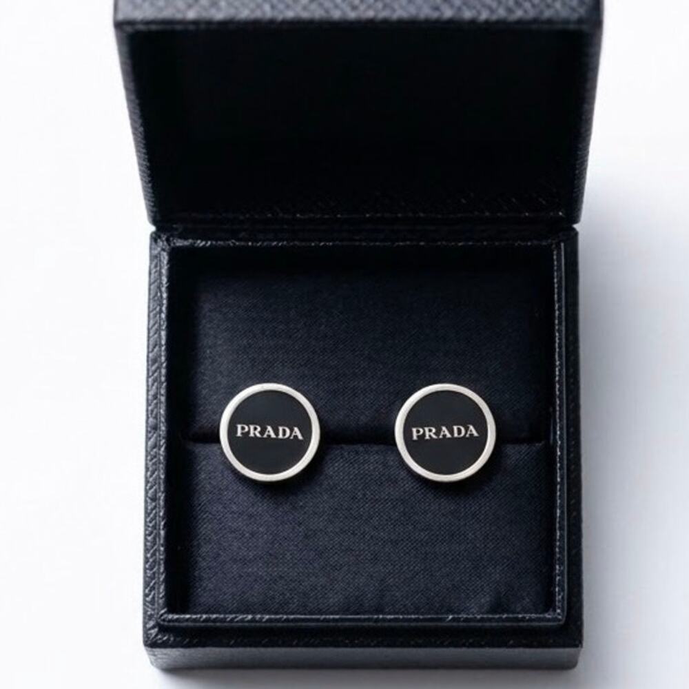 PRADA 925 Sterling Silver Black Enamel Round Logo Cufflinks Italy